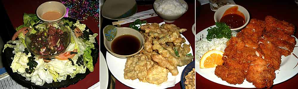 Genji poke sald, shrimp tempura,
                and chicken katsu